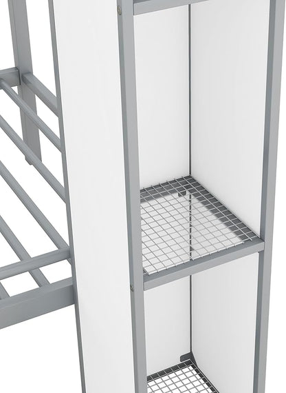 Twin Over Twin Castle-Shaped Bunk Bed with Wardrobe and Multiple Storage, Metal Bunk Bed with Storage Staircase and Safety Guardrail for Kids Teens Boys Girls Bedroom (White+Gray)