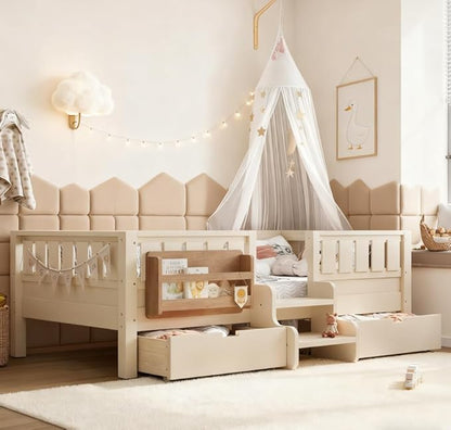 Bellemave Twin Size Kids Bed with high Rails and with Built-in Bookshelf and Drawers for Kids, Girls, Boys, Wood Montessori Bed Without Door, Beige