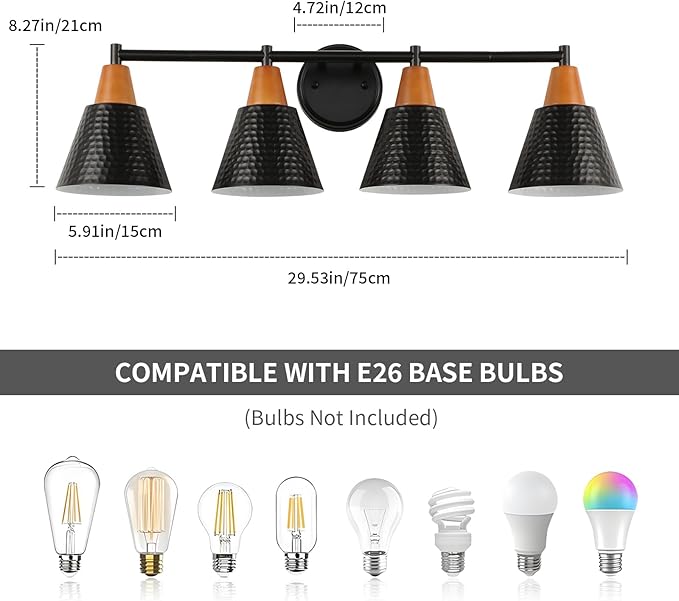Black 4 Light Vanity Light, Vintage Industrial Bathroom Light, Suitable