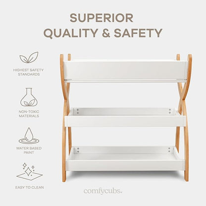 Comfy Cubs Baby Changing Table - Sturdy Wood Construction, Timeless Look Baby Change Table with Two Open Shelves for Infant Daycare Essentials Storage - White with Natural Wood Legs