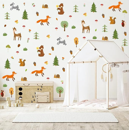 Woodland Forest Animals Wall Stickers – 80 Pcs Cute Deer, Fox, Bear & Tree Vinyl Decals, Removable Waterproof Nursery Wall Art Decor | A Simple Peel Creates a Cozy Nature Retreat (6 Sheets)