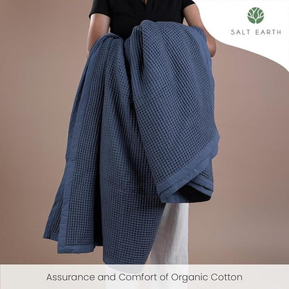 Salt Earth GOTS Certified 100% Organic Cotton Throw Blanket, 108"X90" Waffle Blankets & Throws for Bed, Throw Blanket for Couch, Modern & Cozy Blanket, All Season Waffle Blanket, Soft Blanket (Navy)