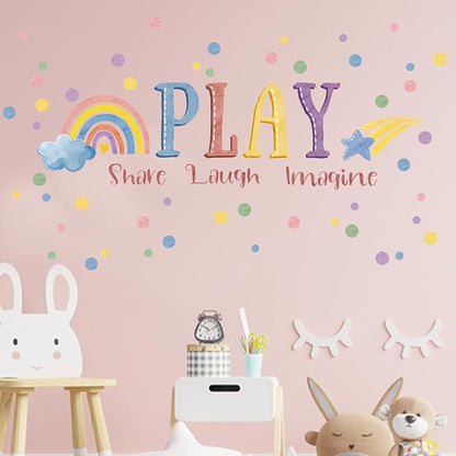 Mfault Playroom Wall Decals Stickers, Inspirational Play Share Laugh Imagine Quotes Nursery Classroom Decorations Bedroom Art, Rainbow Polka Dots Neutral Toddlers Kids Room Decor Gifts