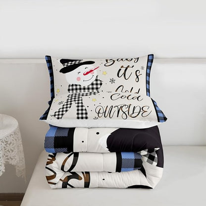 Christmas Snowman Kids Comforter Set Twin Size,Snowflake Christmas Holiday Bedding Set,Girls Boys Adults Xmas Decor,Geometric Grids Lattices Down Comforter,Blue Rustic Duvet Insert,1 Pillowcase