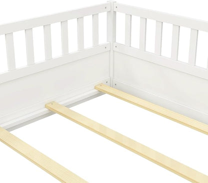 Bellemave Full Floor Bed with Slats and High Fence, Full Size Montessori Floor Beds with Door, No Box Spring Needed, Easy Assemble Montessori Bed Frame(White Full)