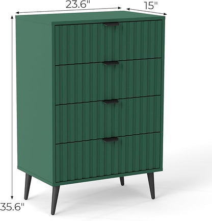Fluted Dresser for Bedroom with 4 Drawers, 24'' Wide Modern Dresser with Metal Handle, Wood Dressers Organizer with Blister Drawers for Bedroom, Green