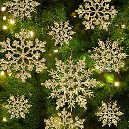 60pcs Christmas Gold Snowflake Ornaments Plastic Glitter Snow Flakes Ornaments for Winter Christmas Tree Decorations Size Varies Craft Snowflakes (60 Count)