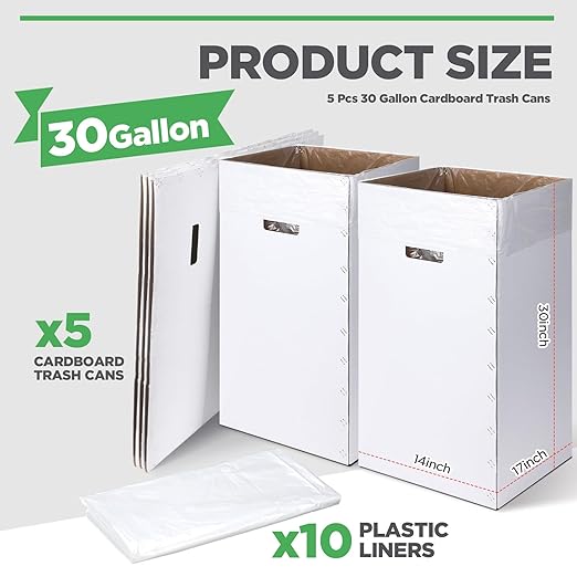 Tioncy 5 Pcs Cardboard Trash Cans Disposable and Reusable Corrugated Cardboard Trash Cans Recycling Bins Bulk with 10 Garbage Bags White Garbage Boxes for Parties Events(30 Gallon)