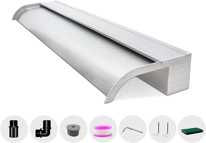 Waterfall Spillway, Stainless Steel Pool Fountain w/Top Open Lip & Pipe Connector Kits for Outdoor/Indoor Decorative, 35.4'' Pool Water Feature for Garden Patio, Backyard Koi Pond Decor