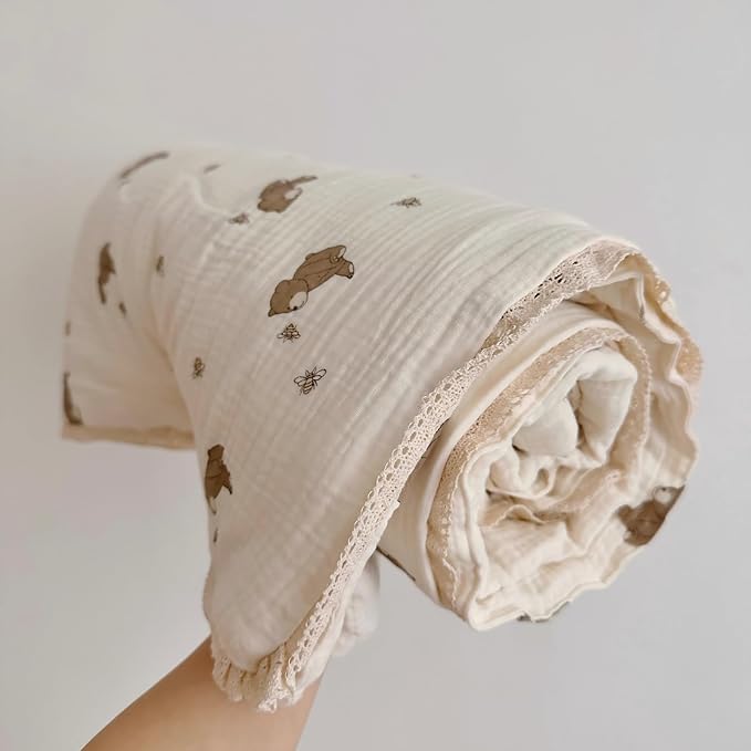 BuLuTu 100% Muslin Toddler Quilt Thin Crib Comforter Girls Boys Quilted Blankets, 47"x59", 1.5 Pounds, Soft Breathable Muslin Cotton Quilts, Bee Bear Pattern, Machine Washable