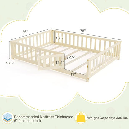 KOMFOTT Full Size Wood Floor Bed with Door & Fence, Montessori Bed Frame with Full Length Safety Guardrails, Slats Support, Door & Latch, Wooden Montessori Floor Bed, No Box Spring Needed