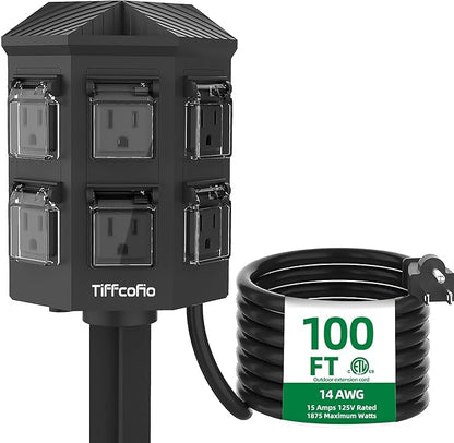 Outdoor Power Strip Weatherproof, 100 FT Extension Cord with Power Stake, 6 Grounded Outlets for Outdoor Lights, 15A/1875W, ETL Listed