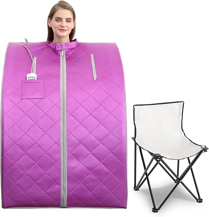 Smartmak Far Infrared Sauna, One Person at Home Portable Full Body SPA Tent with Heating Foot Pad and Portable Chair - Purple