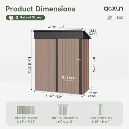 Aoxun 5x3 ft Galvanized Metal Outdoor Storage Shed with Base Slanted Roof Tool House with Stainless Latch & Base Frame Durable Weather-Resistant Garden Shed for Patio, Brown