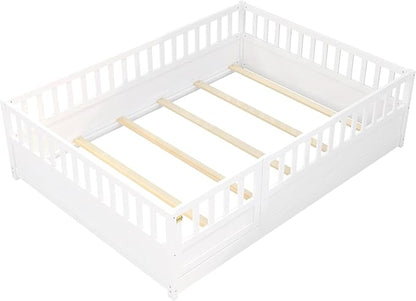 Bellemave Full Floor Bed with Slats and High Fence, Full Size Montessori Floor Beds with Door, No Box Spring Needed, Easy Assemble Montessori Bed Frame(White Full)