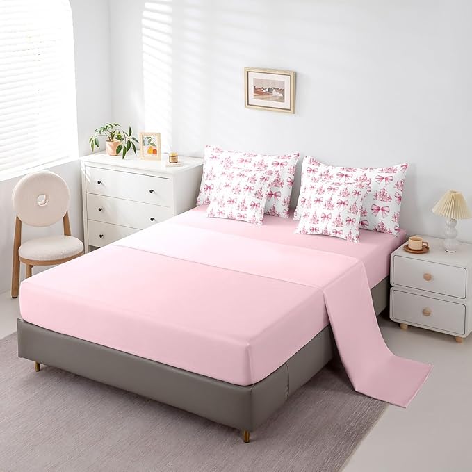 7 Pieces Pink Bowknot Kids Comforter Queen,Castle Tale Princess Toddler Bedding Set,Bow Tie Butterfly Knot Girlish Romantic Fashion（Comforter+Fitted+Flat Sheet+2 Pillowcases+2 Throw Pillow Covers）