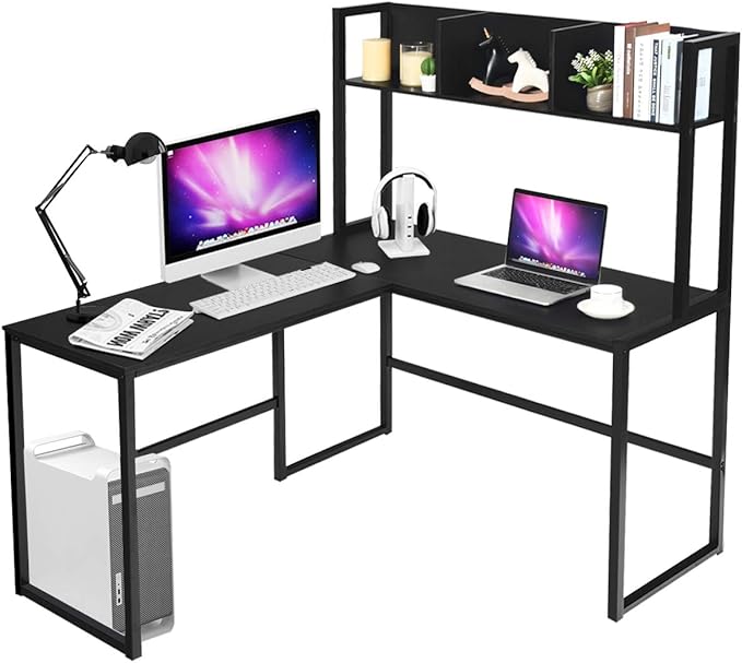 Tangkula Reversible L-Shaped Desk with Hutch, Space Saving Corner Computer Desk with Storage Shelves, Home Office Study Writing Desk Computer Workstation with Storage Bookshelf, Gaming Desk