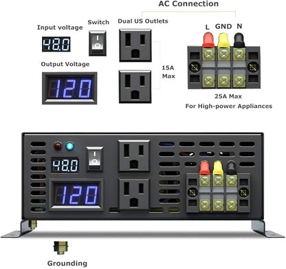 WZRELB 2000W 48V 120V Pure Sine Wave Power Inverter with 2 AC Outlets,Car Inverter