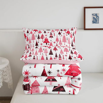 Manfei Pink Xmas Trees Comforter Set Twin Size, Christmas Theme Bedding Set 2pcs for Kids Boys Girls Adults Room Decor, Happy New Year Down Comforter Soft Polyester Quilt Set with 1 Pillowcase