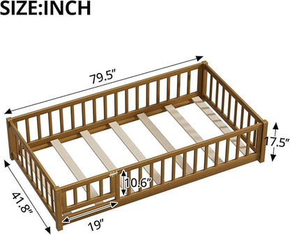 i-POOK Twin Floor Bed Frame with Wood Slats, High Fence & Small Door, Pinewood Montessori Floor Bed for Girls and Boys,Light Espresso