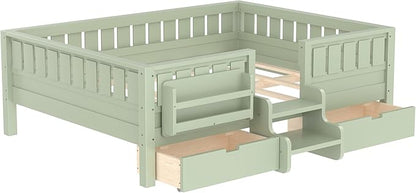 Bellemave Full Size Bed with Slats and Stairs, Full Size Platform Bed Frame with Fence, Bookshelf and Storage Drawers, Easy Assemble Beds for Kids, Girls, Boys, Green