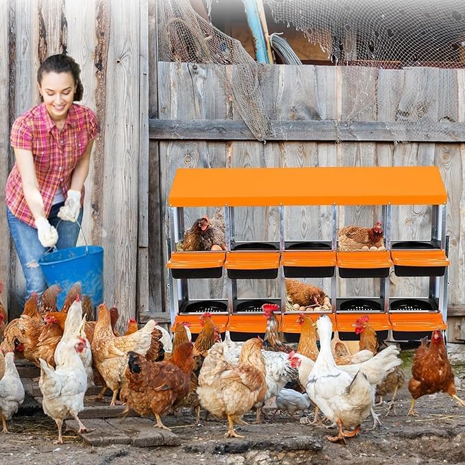 Chicken Nesting Box, 10-Compartment Egg Laying Box, Convenient for Collecting Eggs, Ventilated Poultry House Equipment in Metal Chicken Coop, Suitable for Hens and Ducks, (Orange, with Stand)