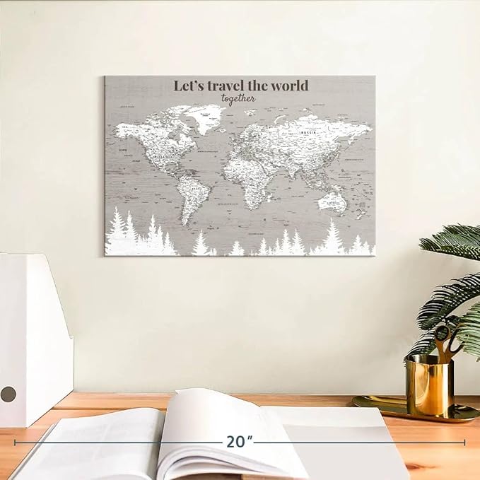 ElephantStock - Let's Travel II Push Pin World Map Wall Art - Horizontal Canvas Wall Art - Living Room Wall Decor - Digital Art Map Canvas Art - Gray And White Decor - 12" x 8"