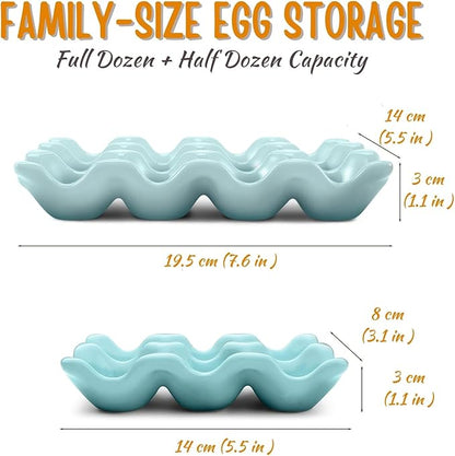 Flexzion 12 + 6 Cups Ceramic Egg Holder for Fridge - 18 Porcelain Egg Tray Container Keeper Storage Organizer Decorative Serving Stand Serveware for Refrigerator Countertop Display Kitchen (Blue)