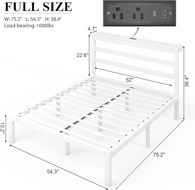 Full Size Bed Frame with Storage Headboard, Industrial Platform Bed with