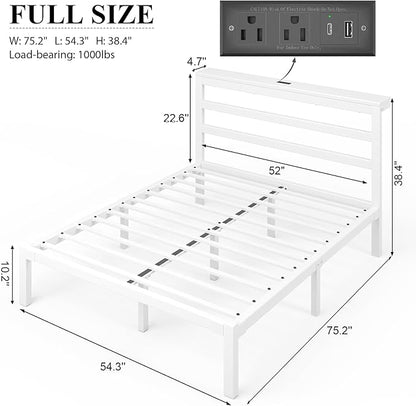 Full Size Bed Frame with Storage Headboard, Industrial Platform Bed with