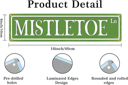 Mistletoe Lane Christmas Metal Sign Vintage Print Art Poster Tin Plaque for Home Farmhouse Kitchen Patio Yard Cafe Bar Front Door Wall Decor 4x16 Inch