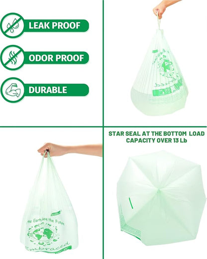 100% Compostable Trash Bags, 3 Gallon Compost Bags Small Kitchen Trash Bags with Handle, 200 Count Sturdy Biodegradable Garbage Bags Food Scrap Waste Bags, ASTM D6400, US BPI Certified