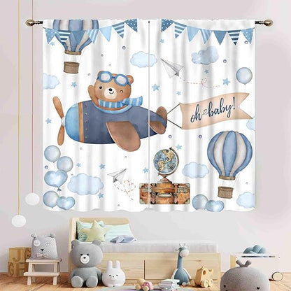 Cartoon Bear Curtains, Kids Boys Girls Cute Lovely Bear Adventure Airplane Cloud Pastel Blue Window Drapery Treatments for Baby Living Room Bedroom Nursey Toddler Classroom 2 Panels, 52"x84" Inch