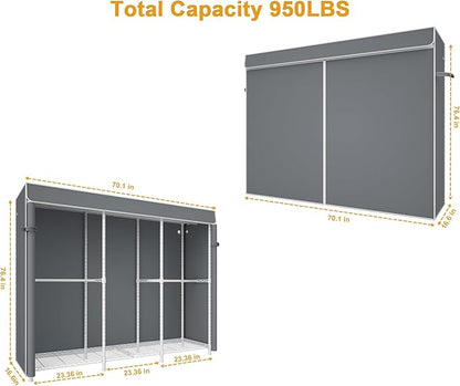 E14C Heavy Duty Closet Organizer System，Freestanding Clothing Racks for Hanging Clothes，Adjustable Garment Rack 70.1" W × 16.6" D × 76.4" H Hold 960 lbs，White Rack with Grey Dustproof Cover