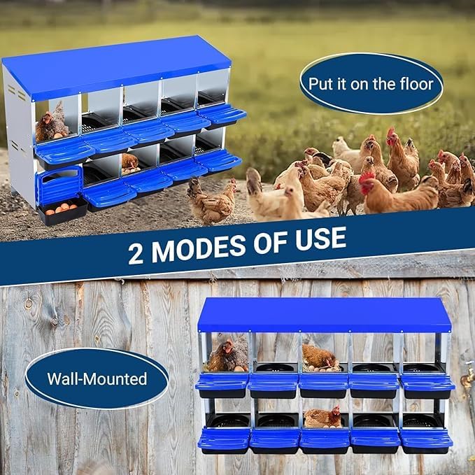 Chicken Nesting Box, 10-Compartment Egg Laying Box, Convenient for Collecting Eggs, Ventilated Poultry House Equipment in Metal Chicken Coop, Suitable for Hens and Ducks, (Blue, Without Stand)