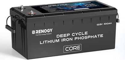 Renogy 12V 300Ah Self heating Lithium LiFePO4 Deep Cycle Battery, 5000+Deep Cycles, 200A BMS,Backup Power for Trolling motor, Cabin,Marine, Off-Grid Home Energy Storage-Core Series