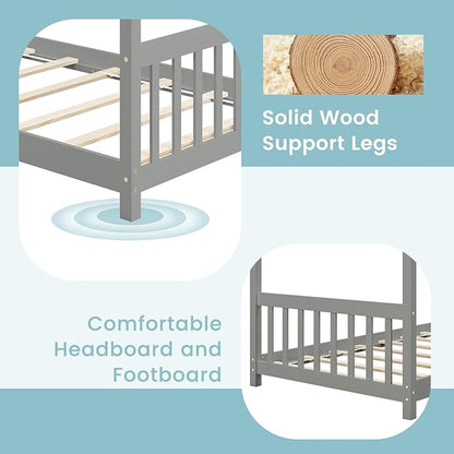 Giantex House Bed Twin, Solid Wood Kids House Bed with Roof, Headboard and Footboard, Low Floor Twin Bed Frame for Toddlers Teens Girls Boys, No Box Spring Needed, Grey