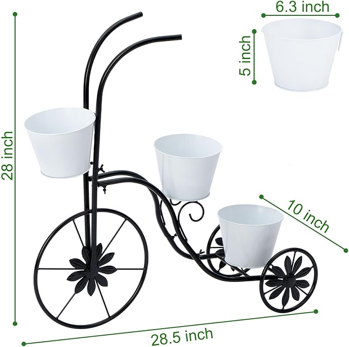 BAYN Bicycle Planter Stand, Metal Flower Pot Cart Holder Tricycle Planter with 3 Plant Bucket Outdoor Decorative for Patio, Deck, Garden or Lawn