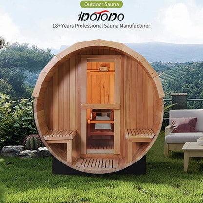 Outdoor Barrel Sauna, 6 Person Wood Steam Saunas Room with Porch, 6kw Toule Electric Heater with Sauna Stone, Canadian Helmock, Roof, 94.48”*70.86“*70.86“ (Helmock)