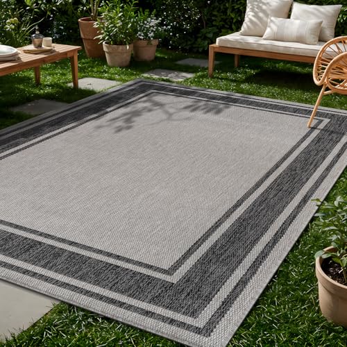 Outdoor Rug 5x7 Modern Bordered Area Rugs for Indoor and Outdoor Patio Deck Porch Garden Waterproof Weather Sun Resistant Washable Outside Carpet (35 Sq Ft)