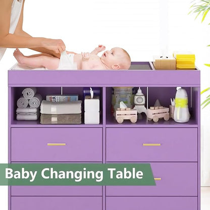 Dresser for Bedroom with LED Lights and Power Outlet, Baby Changing Table Dresser with 6 Drawers, 2 Open Storage Shelves, Baby Diaper Station with Changing Table Top (Purple)