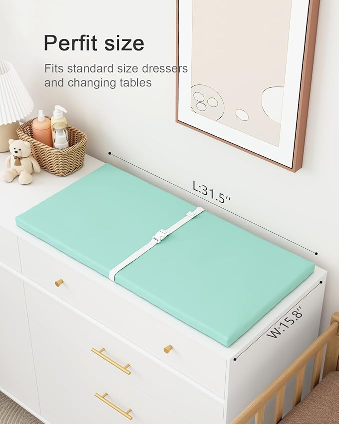 YACODAVO Wipeable Baby Changing Pad for Dresser and Table, Cozy Diaper Changing Pad with Waterproof & Wipe-Clean Leather Cover, Standard Size (31.5" L x 15.8" W), Green