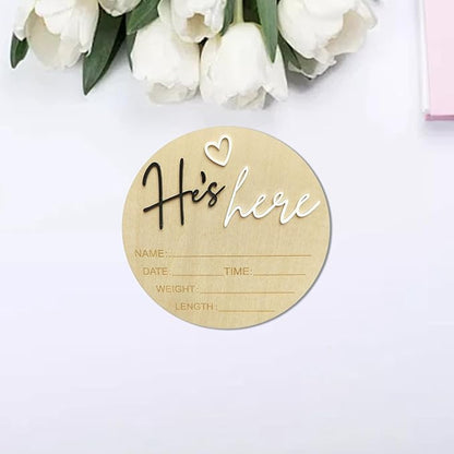 Baby Announcement Sign, 5.9 Inch Wooden Hello World Newborn Signs, Birth Announcement Sign, Gender Reveal Signs, He's here Decoration, Welcome Newborn Arrival To World, Hospital Nursery for Baby (Black He's)