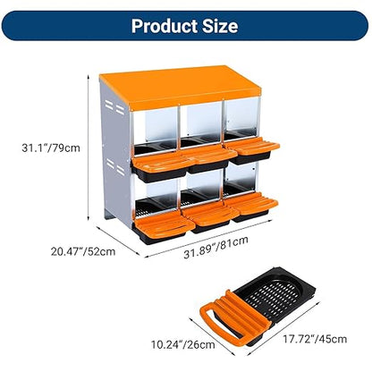 Chicken Nesting Boxes, 6 Hole Metal Chicken Laying Box with with Removable Trays and Roll Out Egg Collection for Chicken Coop, Orange