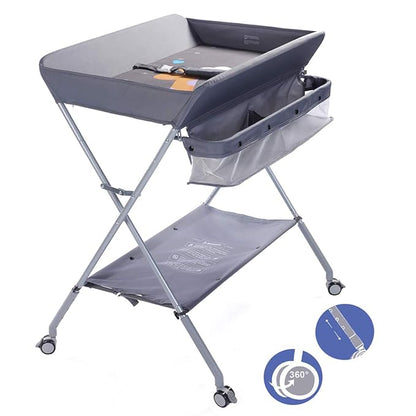 Baby Changing Table Portable Folding Diaper Changing Station with Wheels, Adjustable Height Mobile Nursery Organizer with Safety Belt and Large Storage Racks for Newborn Baby and Infant, Gray