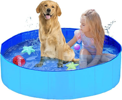 Foldable Pet Dog Kids Swimming Pool(40'' x 12''),Plastic Anti-Slip PVC Bathing Tub Swimming Pool Durable Fiberboard Kiddie Pool Blue