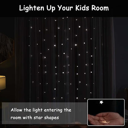 Kinryb Kids Star Cutout Curtains for Bedroom/Living Room/Classroom,2 Free Tiebacks Sheer Overlay 95 Inches 2 Panel Set, Double Layer Curtains for Kids Room(W52xL95 Inches,Greyish White 2 Pcs)