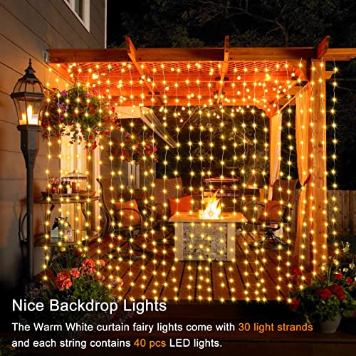 1200 LED Curtain Fairy Lights 10Ftx10Ft with Timer Remote Control Plug in (1200 Count)