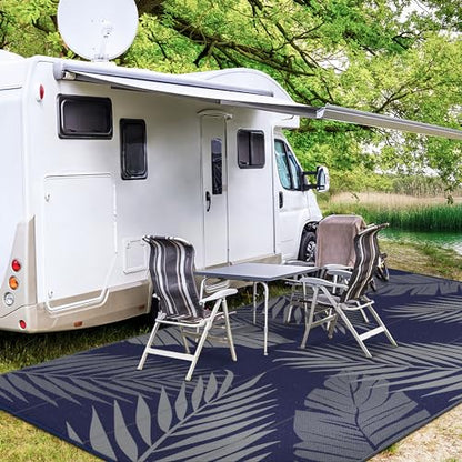 Outdoor Rug Waterproof Plastic Rugs 10'x14' for Camping Blue Grey