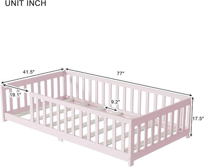 Twin Size Kids Montessori Floor Bed,Twin Floor Bed Frame with Slats,Solid Wood Twin Bed Frame for Girls Boys,Pink